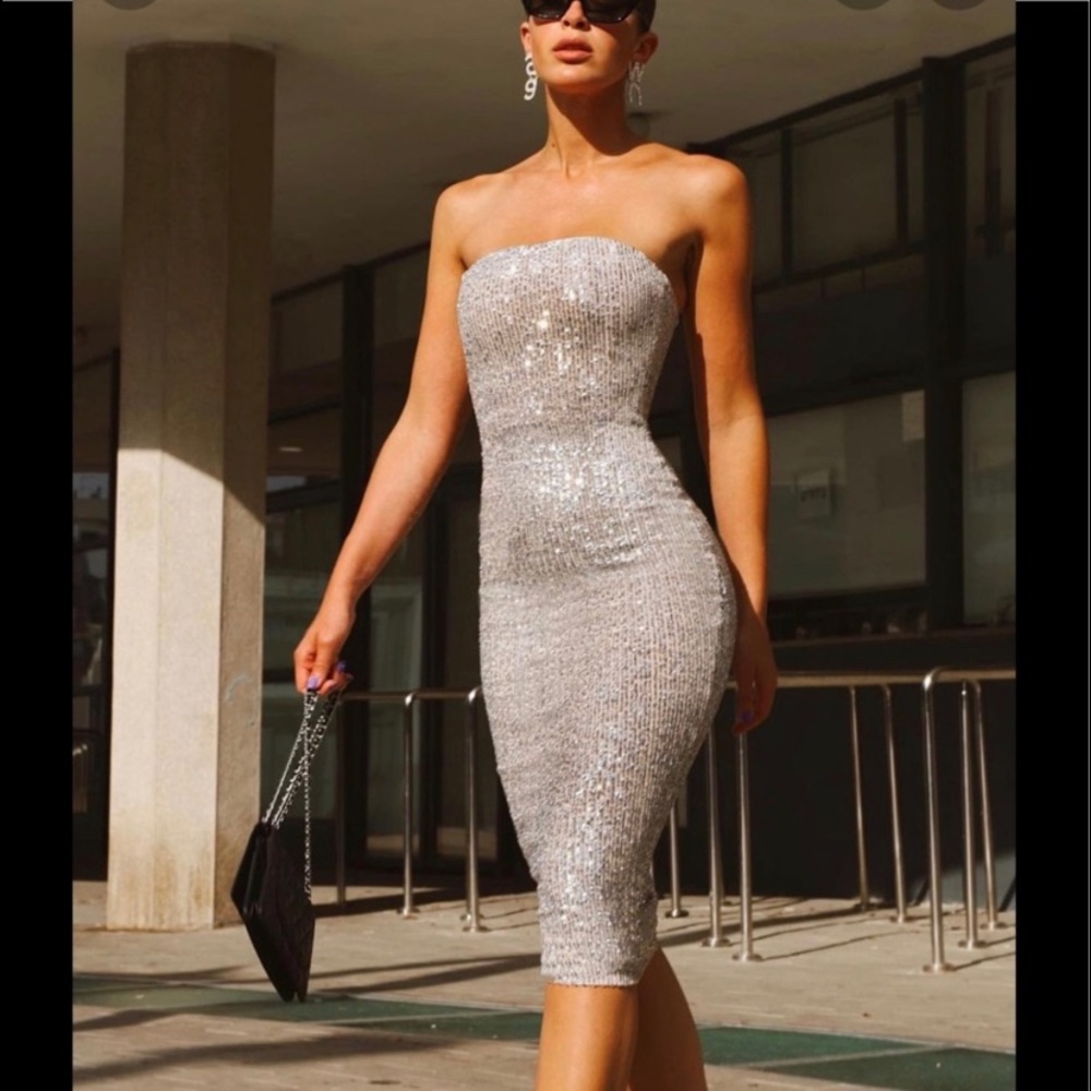 Nookie Silver Strapless Midi Dress